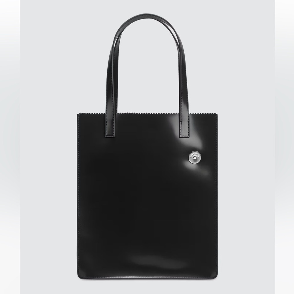Kara "Pinch Tote" Leather Bag Black Crimped Top Silver Detail Shiny Buffed Large